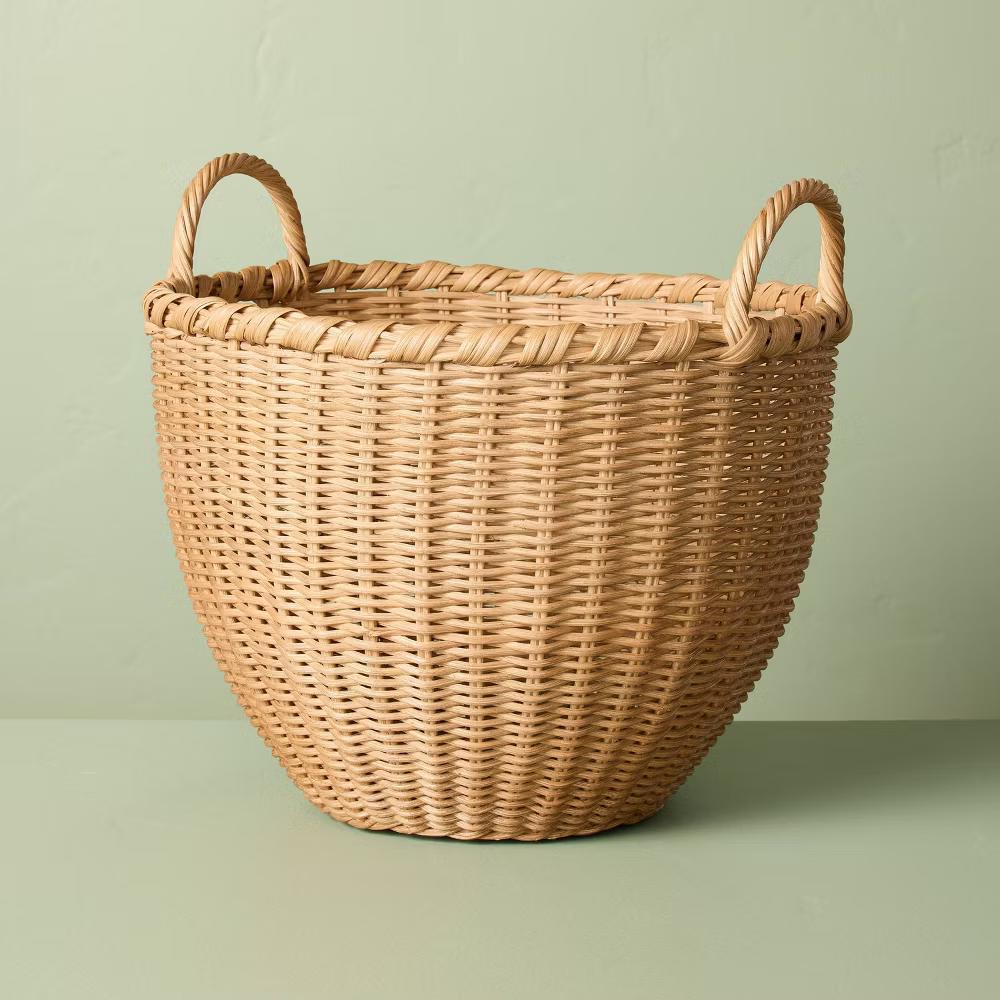 Round Woven Rattan Storage Basket with Handles - with Magnolia