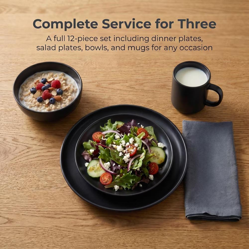 12-Piece Stoneware Dinnerware Set with Mugs, Microwave & Dishwasher Safe, Non-Toxic Dish Set, Plate Set, Stackable Matte Glaze Kitchenware for 3 - Image 5
