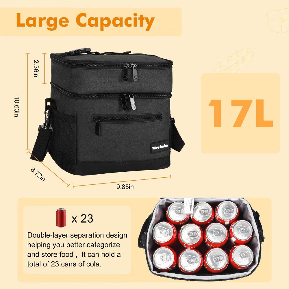 Adult Lunch Bag with Water Pockets, Insulated Dual Compartment Lunch Tote with Zipper Pocket, Leakproof Lunch Box for Men Women