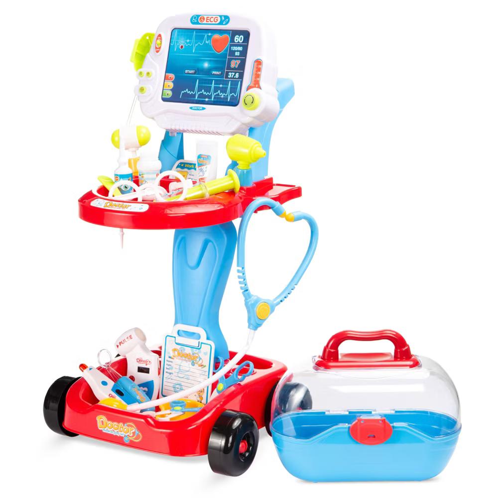 Play Doctor Kit for Kids, Pretend Medical Station Set with Carrying Case, Mobile Cart - Blue