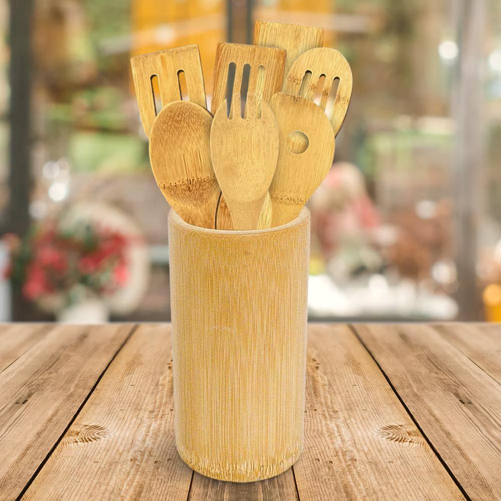 8pc Bamboo Cooking Utensils Set with Holder – Natural Wooden Spoons and Spatulas for Nonstick Pans - Image 4