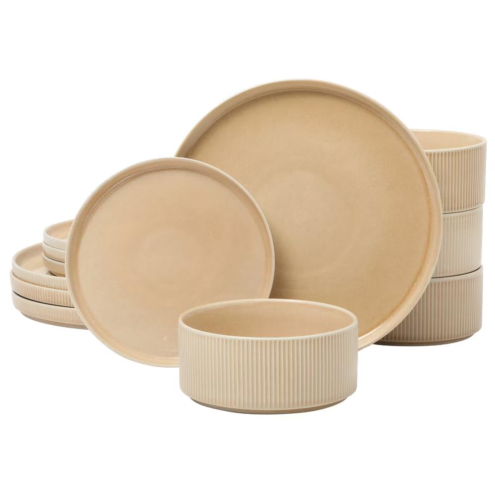 Solana Coast 12 Piece Stoneware Reactive Glaze (Service for 4) Ceramic Plates and Bowls Modern Shape Embossed Dinnerware Set - Image 18