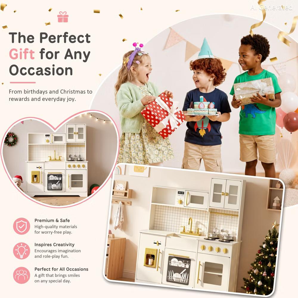 Wooden Play Kitchen with Running Water Sink, Clicking Stove Knobs, Microwave, Oven, Ice Maker & Storage, Ages 3+ - Image 8