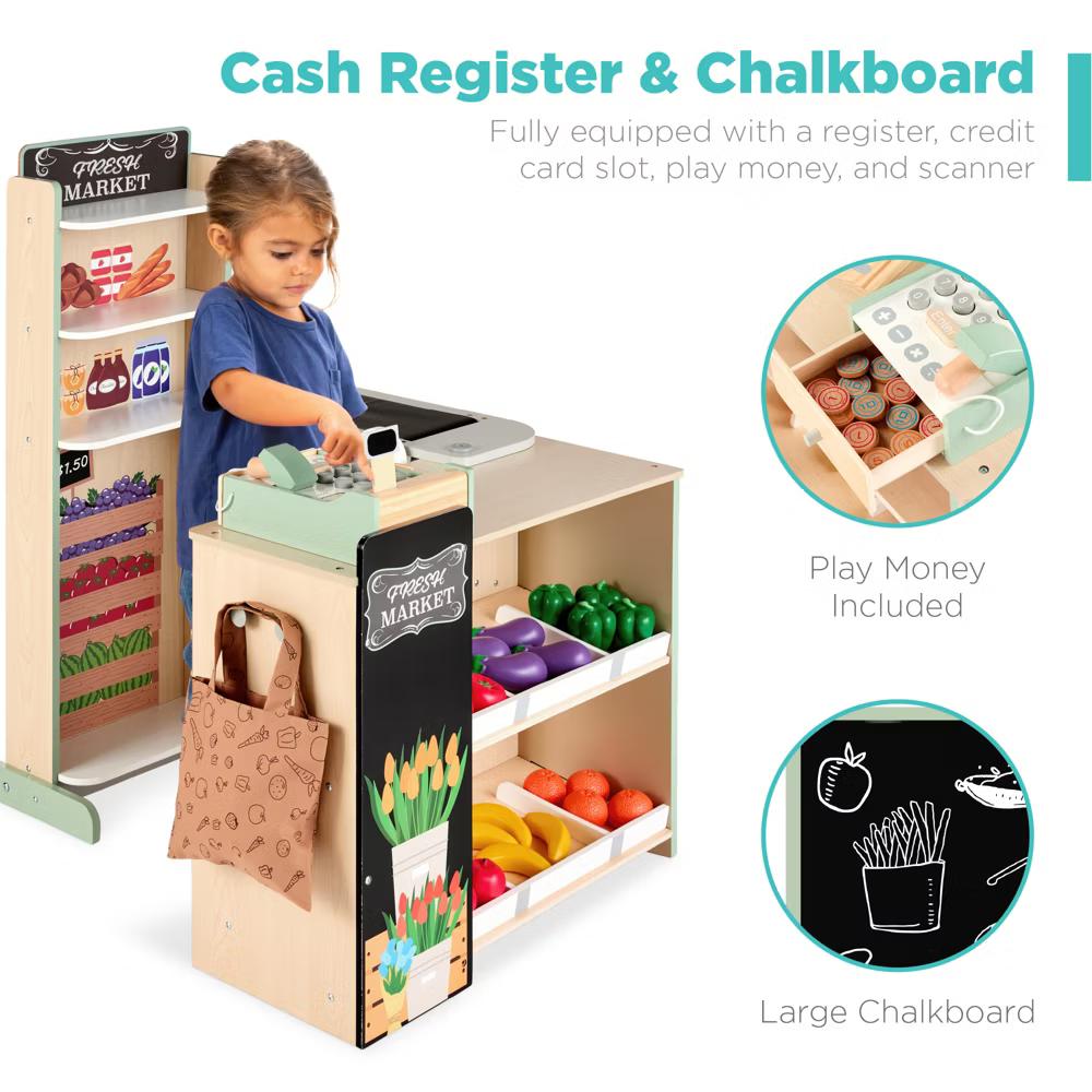 Kids Pretend Play Grocery Store Wooden Supermarket Set w/ Chalkboard, Cash Register - Red - Image 13