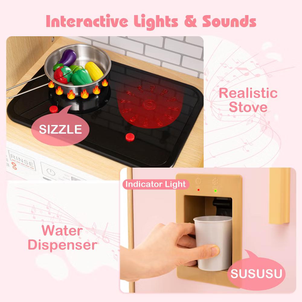 Wooden Kids Kitchen Playset Pretend Play Kitchen with Real Sounds Lights Pink/Yellow - Image 8