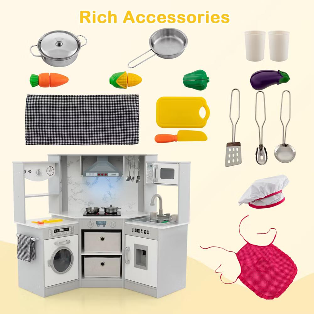 Wooden Kids Play Corner Kitchen with Realistic Lights & Sounds Lighted Range Hood Brown/Grey - Image 15