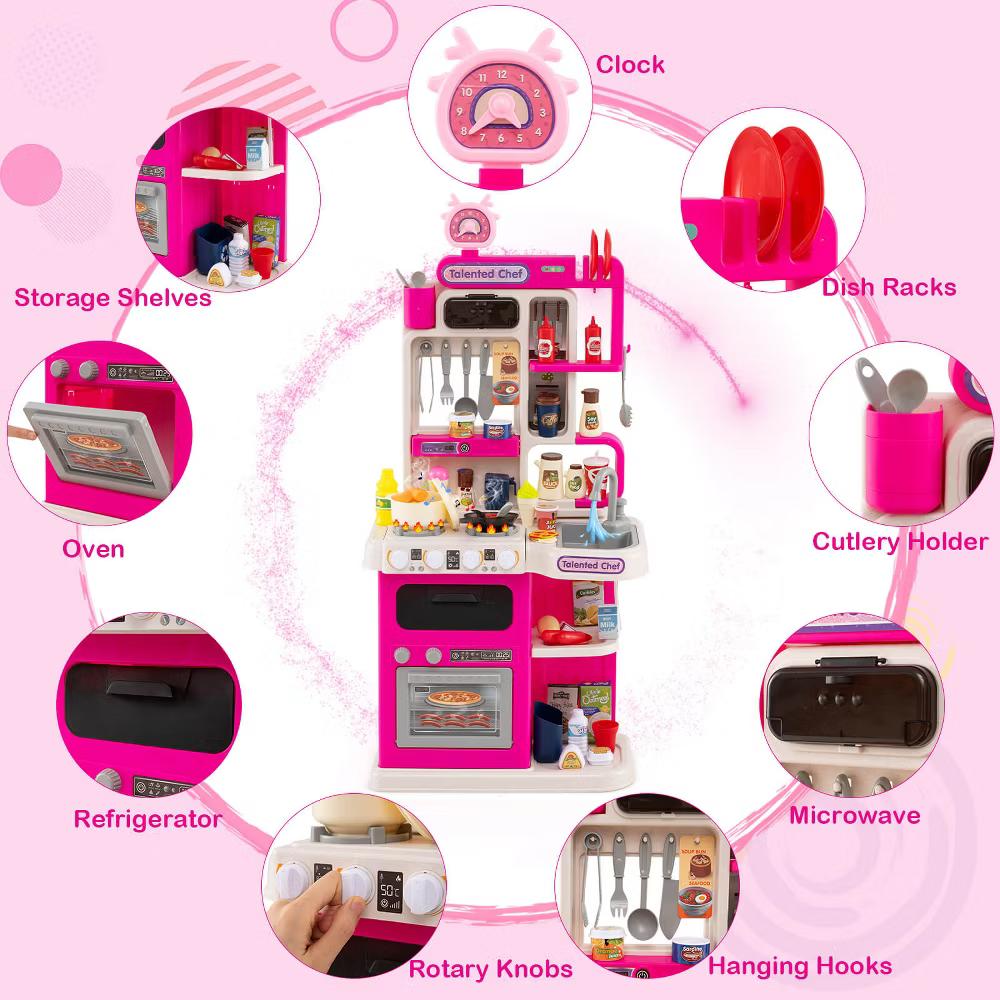 Kids Kitchen Playset with Realistic Sounds Lights Play Sink 95 PCS Accessories Blue/Pink - Image 13