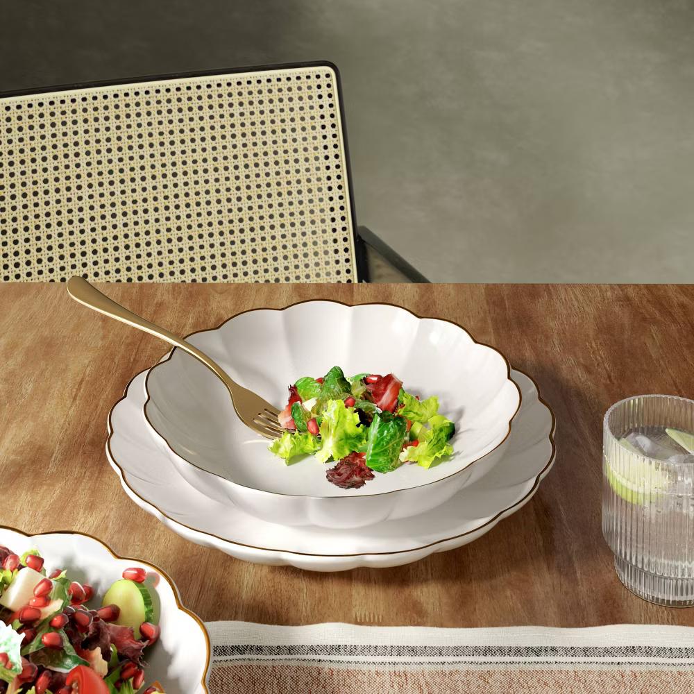 33 fl oz Stoneware Scalloped Dinner Bowl Gold Rim - Image 3