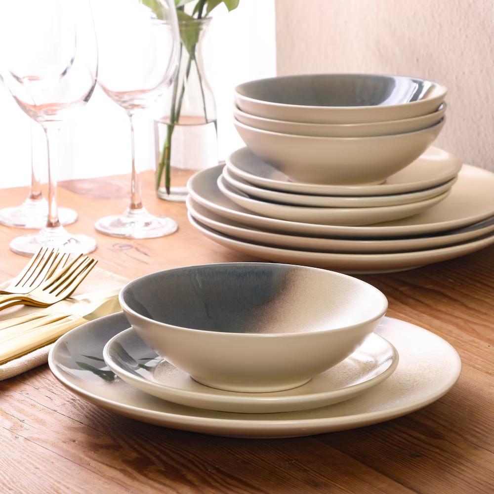 Crescenton Plates and Bowls Sets, 12-Piece Stoneware Dinnerware Sets, Round Reactive Glaze Dish Set, Service for 4 - Image 9