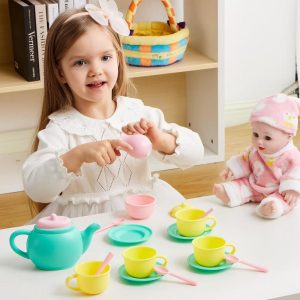 18-Piece Pretend Play Tea Party Set, Plastic Tea Set for Kids, Mini Kitchen Accessories, Perfect Gift for Toddler Boys Girls Ages 3-6 Years Old