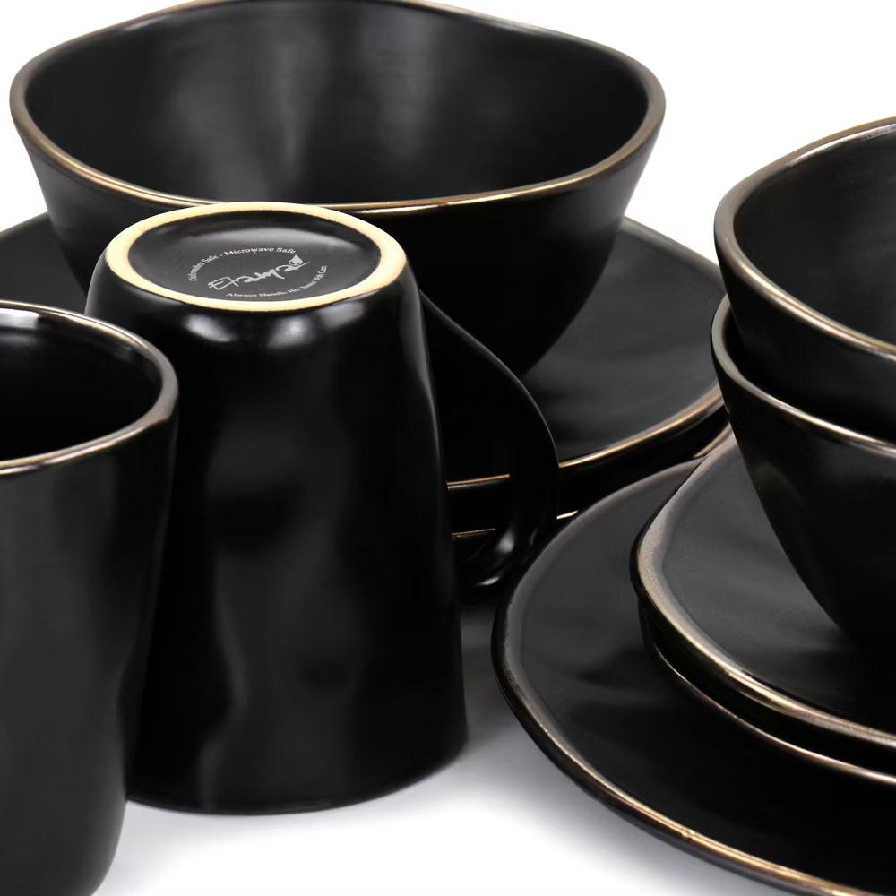 16pc Modern Stoneware Dinnerware Set with Rim Matte Black/Gold - Image 5