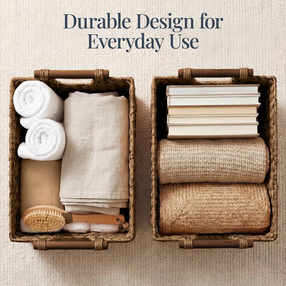 Wicker Storage Basket, Shelf Basket w/ Wooden Handles, Rectangular Storage Bin - Natural - Image 3