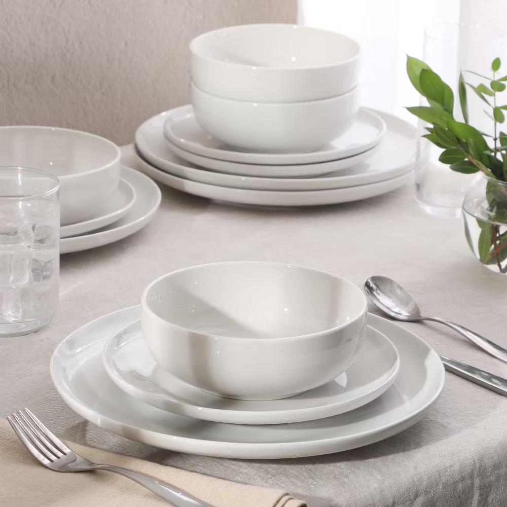 Havenstone 12-Piece Porcelain Dinnerware Set – Dinner Plates, Salad Plates & Bowls, Classic White Everyday Dish Set - Image 4