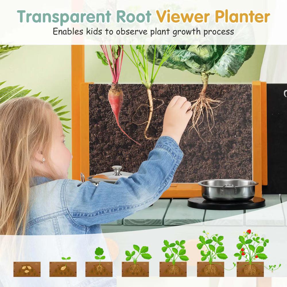 Kids Kitchen Playset Outdoor Mud Kitchen with Root Viewer Planter Removable Sink - Image 8