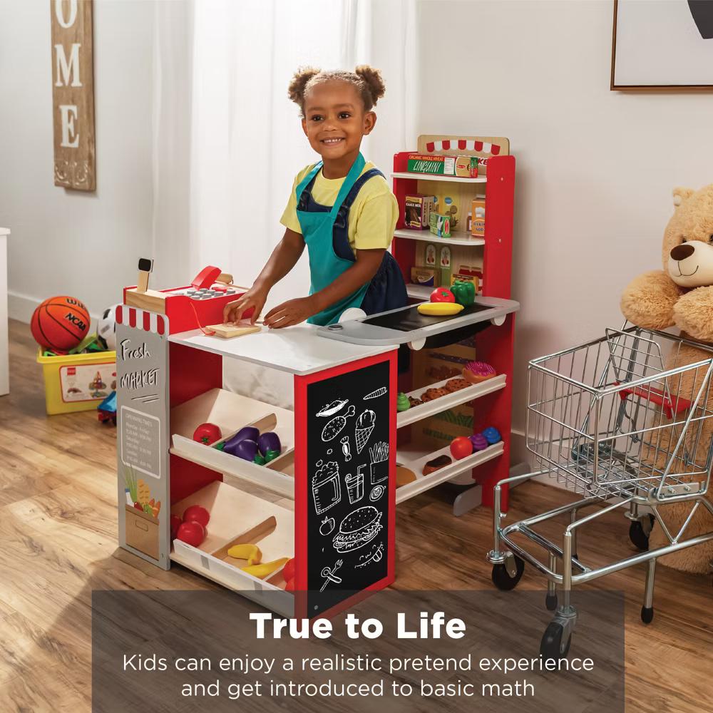 Kids Pretend Play Grocery Store Wooden Supermarket Set w/ Chalkboard, Cash Register - Red - Image 21