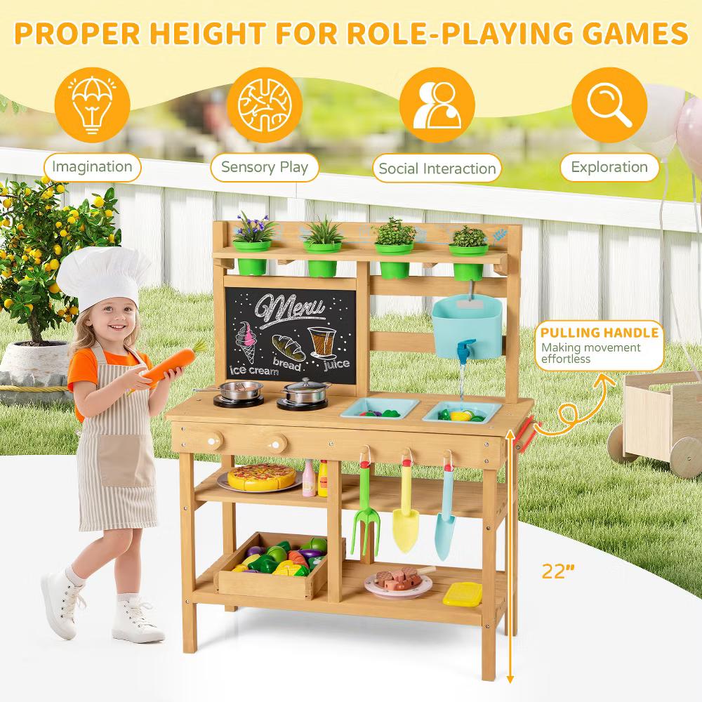 Kids Mud Kitchen with Faucet Removable Sinks Chalkboard Stovetops Rotation Knobs - Image 3