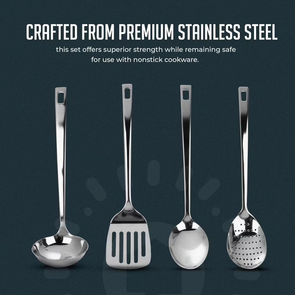 Stainless Steel Kitchen Utensil Set with Holder, 5-Piece Heat Resistant Kitchen Tools Set, Includes Ladle, Skimmer & Serving Spoon, Nonstick Cookware - Image 3