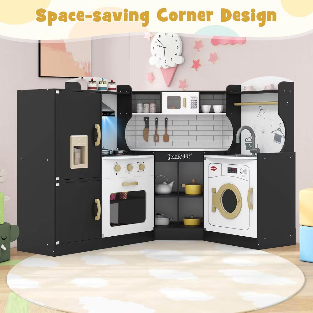 Corner Play Kitchen Toddler Kitchen Playset with Range Hood, Ice Maker, Microwave White/Pink - Image 9