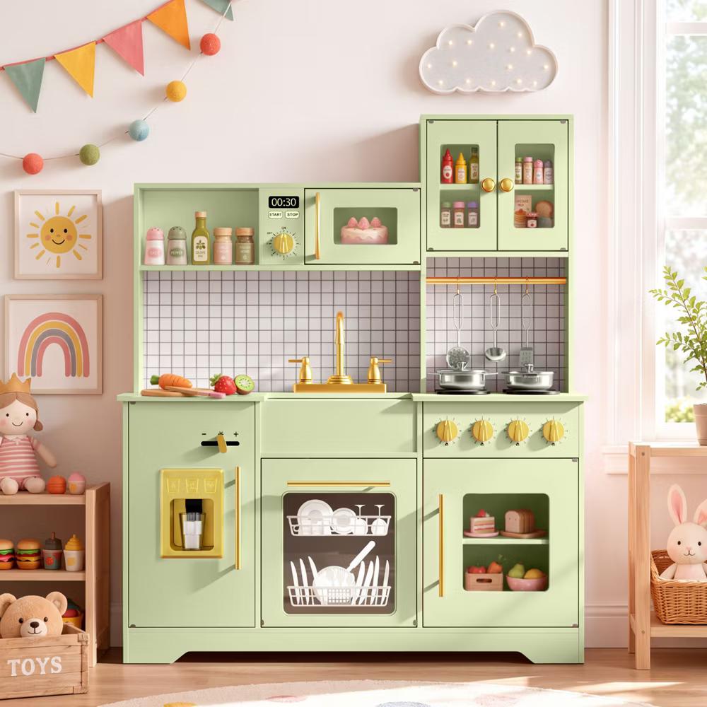 Wooden Play Kitchen with Running Water Sink, Clicking Stove Knobs, Microwave, Oven, Ice Maker & Storage, Ages 3+ - Image 17