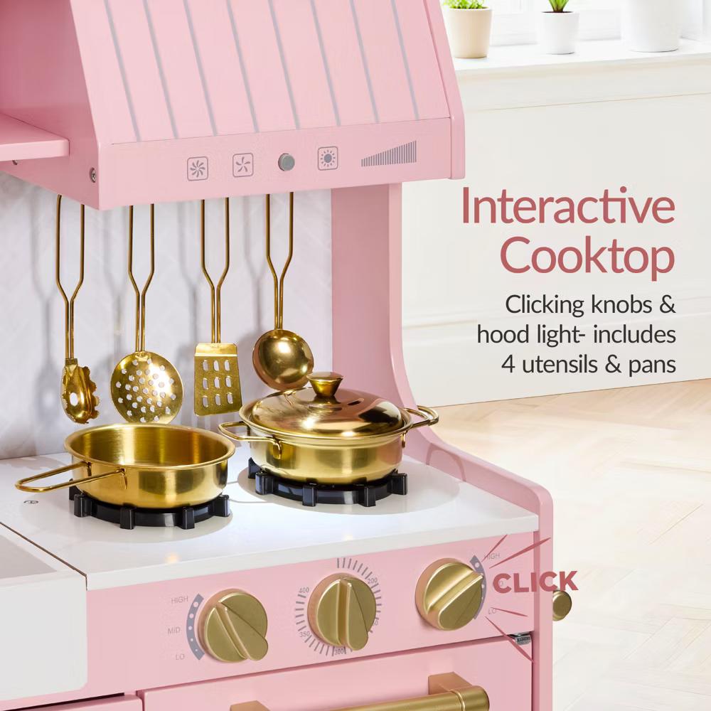 Wooden Toddler Kitchen Playset with Espresso Machine, Toy Storage and 17 Accessories - Pink - Image 9