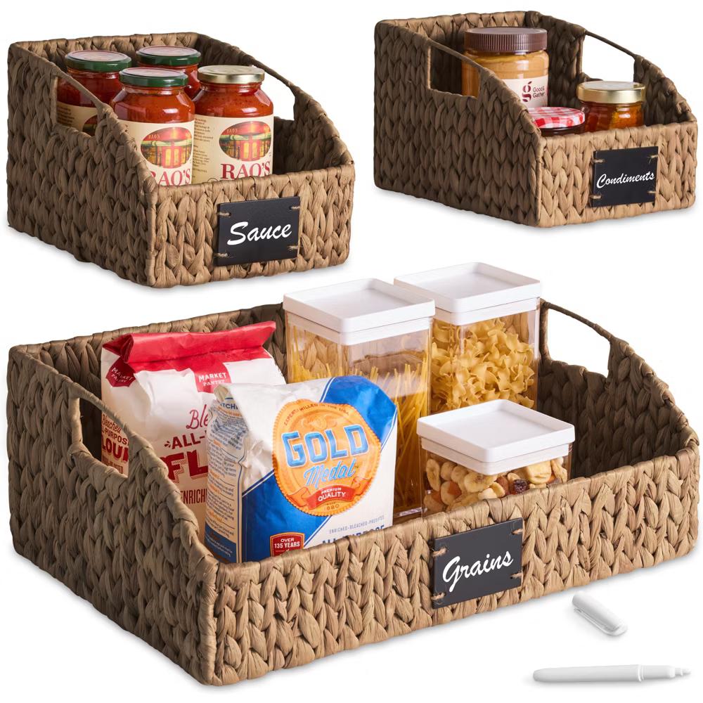 Hyacinth Angled Pantry Storage Baskets W/ Handles, Chalkboard & Marker - Image 10