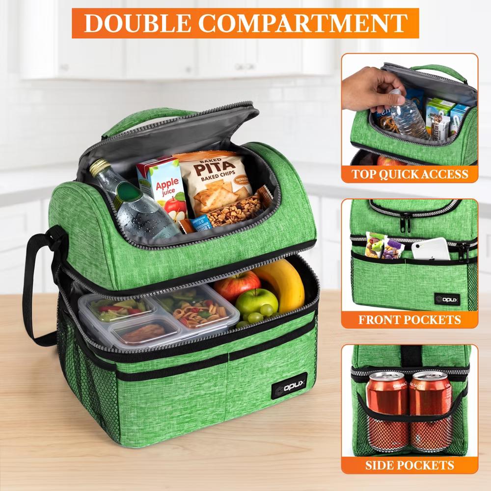 Double Decker Lunch Box Men Women, Insulated Leakproof Cooler Bag Adult Work, Dual Compartment Pail Tote Boys Girls Kids - Image 59