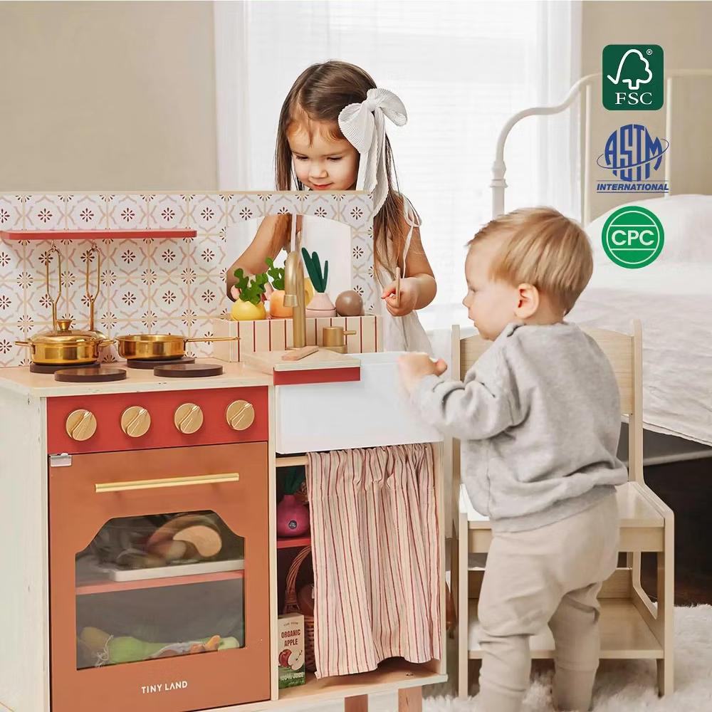 Mediterranean Play Kitchen for Toddlers - Wooden Kids Kitchen Playset with Cutting Food & Cookware - Image 8