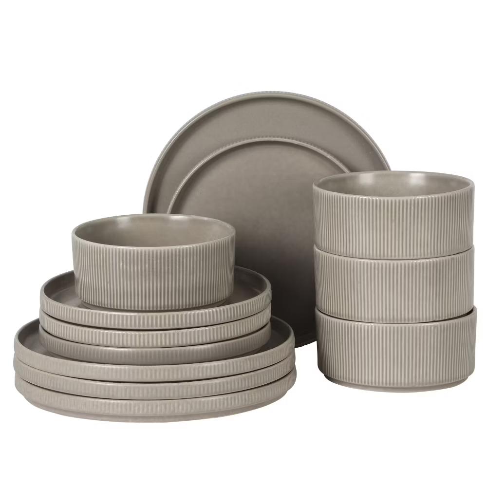 Avant-Garde 12 Piece Stoneware Dinnerware Set for 4, Plates and Bowls Set with Reactive Glaze, Dinner Plates, Salad Plates, Bowls