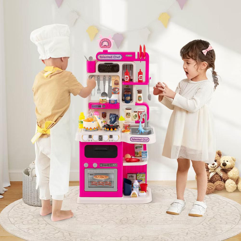 Kids Kitchen Playset with Realistic Sounds Lights Play Sink 95 PCS Accessories Blue/Pink - Image 17