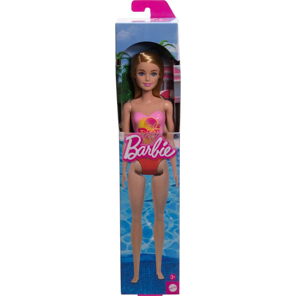 12.7" Beach Doll Blond Hair/Blue Eyes Wearing Pink Palm Tree Print Swimsuit - Image 5