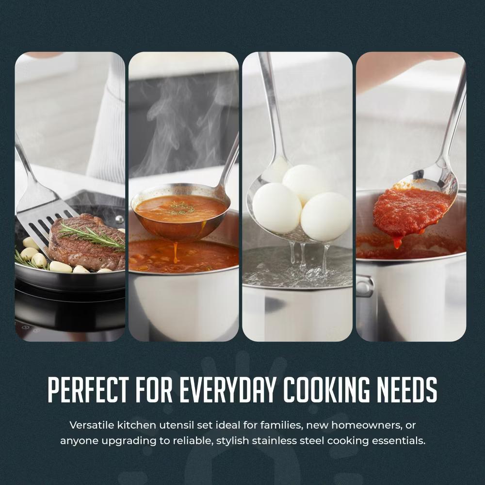 Stainless Steel Kitchen Utensil Set with Holder, 5-Piece Heat Resistant Kitchen Tools Set, Includes Ladle, Skimmer & Serving Spoon, Nonstick Cookware - Image 4