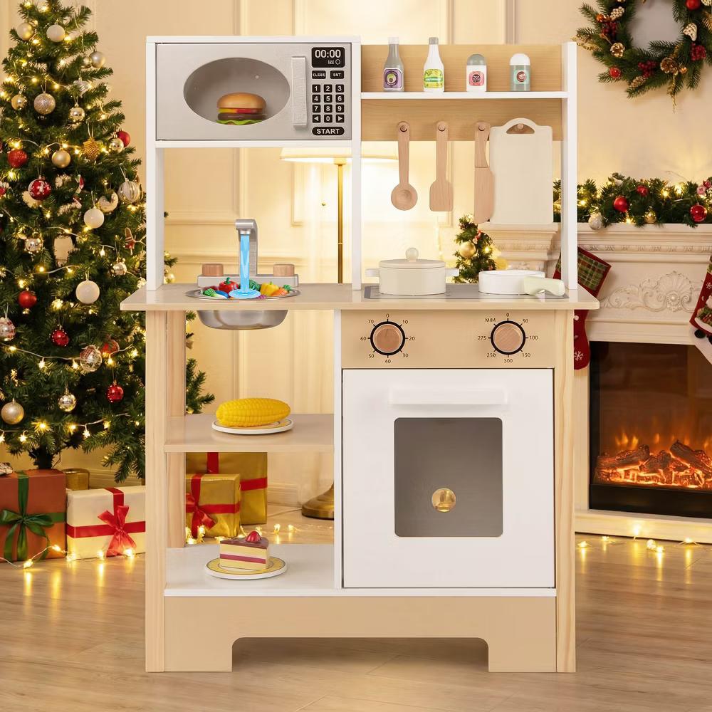 Play Kitchen with Chalkboard Microwave Stove Dish Rack Faucet Sink Accessories White + Natural/Blue/Green + White - Image 14