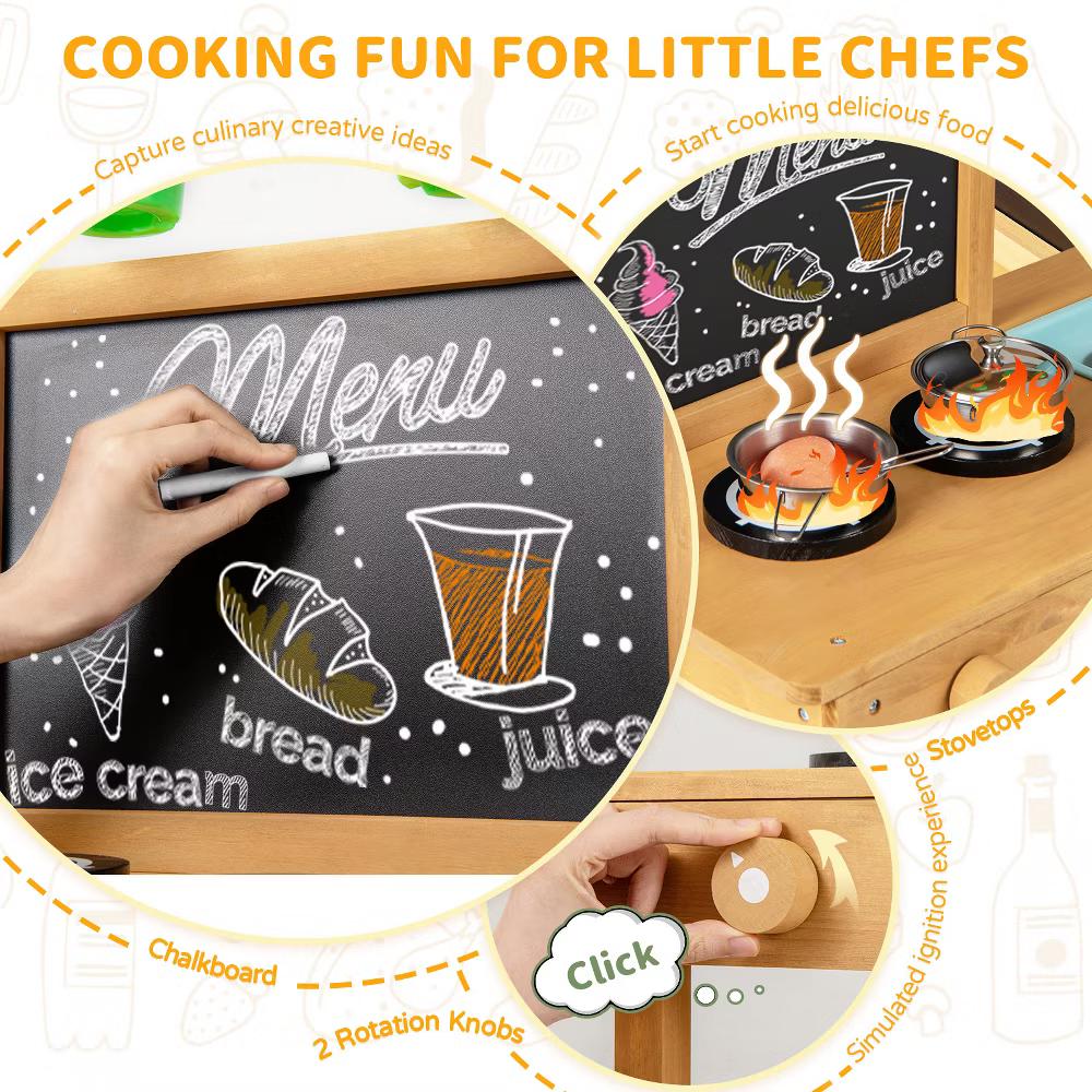 Kids Mud Kitchen with Faucet Removable Sinks Chalkboard Stovetops Rotation Knobs - Image 4