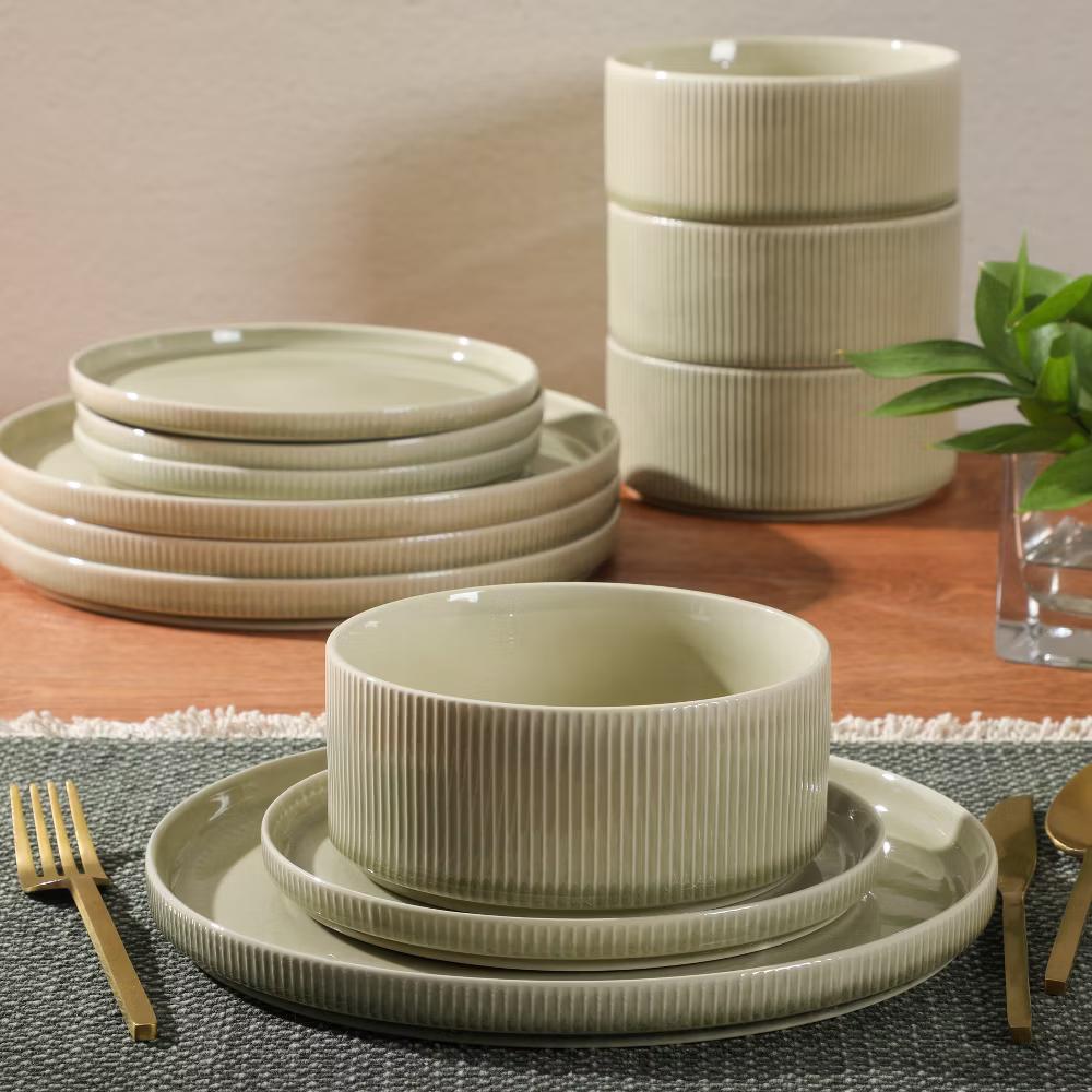 Solana Coast 12 Piece Stoneware Reactive Glaze (Service for 4) Ceramic Plates and Bowls Modern Shape Embossed Dinnerware Set - Image 4
