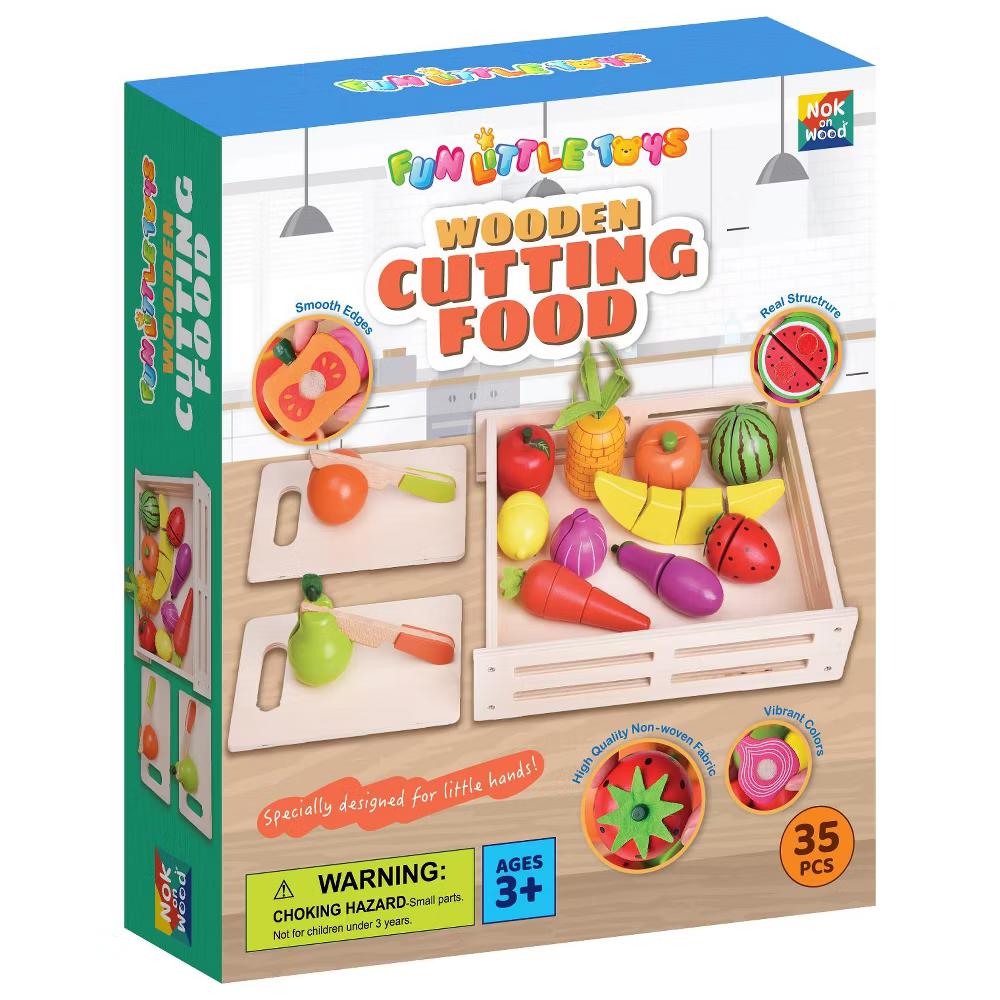 35Pcs Wooden Cutting Food Play Set with Storage Crate, Pretend Fruit & Veggie Toys, Play Kitchen Accessories for Kids - Image 3