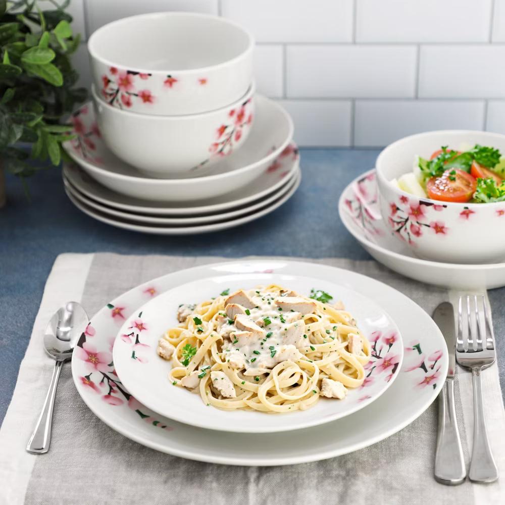 Tamara Cherry Blossom Porcelain Dinnerware Set in White and Pink - Image 11