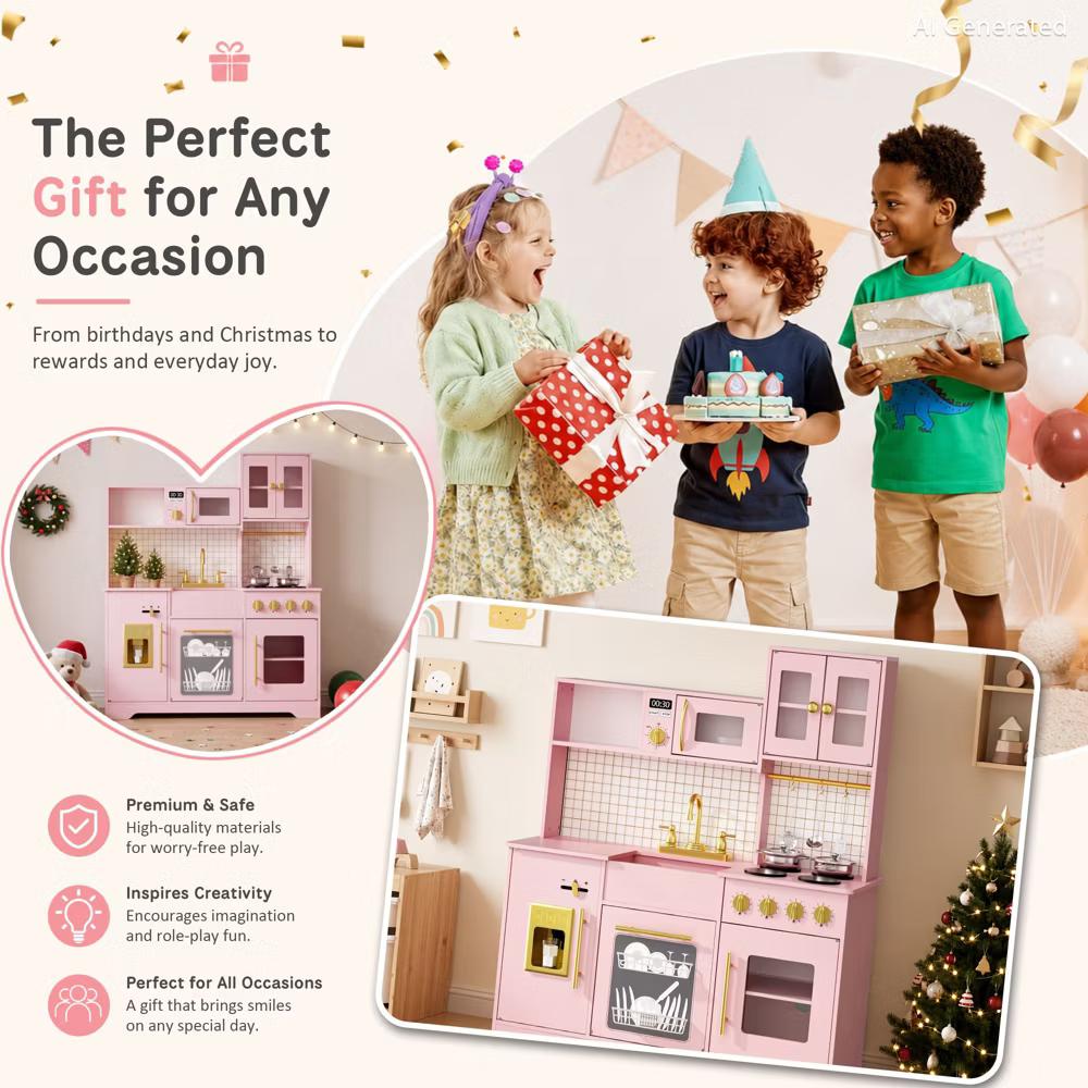 Wooden Play Kitchen with Running Water Sink, Clicking Stove Knobs, Microwave, Oven, Ice Maker & Storage, Ages 3+ - Image 34