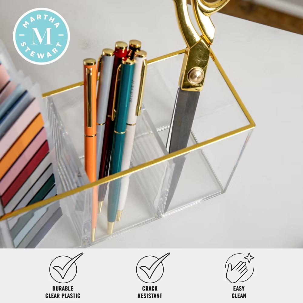 Martha Stewart Kerry Plastic 4 Compartment Pen Holder Office Desktop Organizer with Gold Trim - Image 2