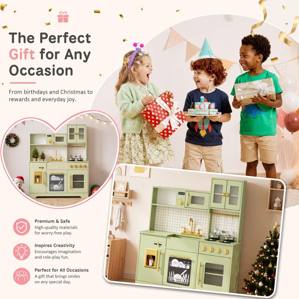 Wooden Play Kitchen with Running Water Sink, Clicking Stove Knobs, Microwave, Oven, Ice Maker & Storage, Ages 3+ - Image 21