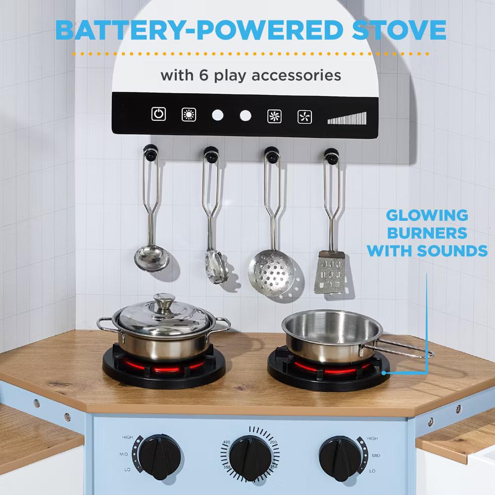 Pretend Play Corner Kitchen, Interactive Wooden Kids Set w/ Lights & Sounds - White - Image 21