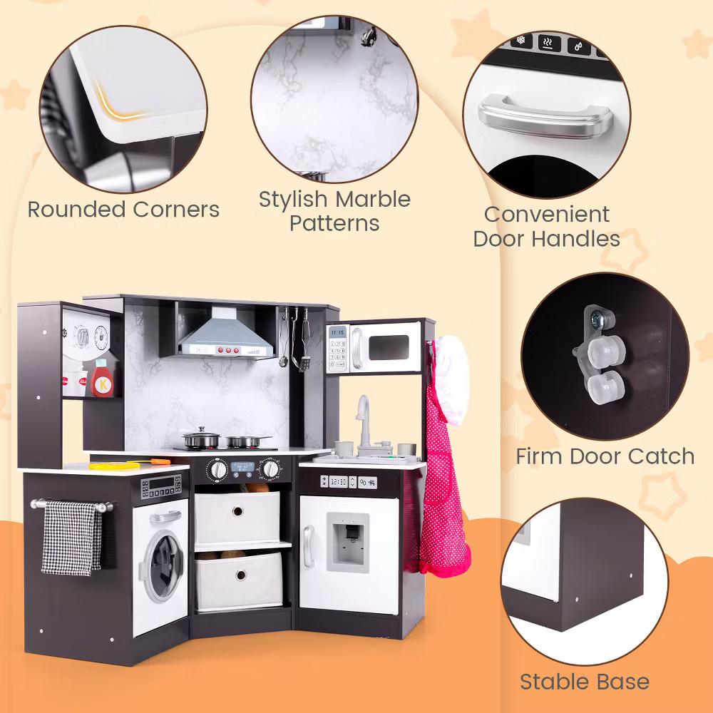 Wooden Kids Play Corner Kitchen with Realistic Lights & Sounds Lighted Range Hood Brown/Grey - Image 10