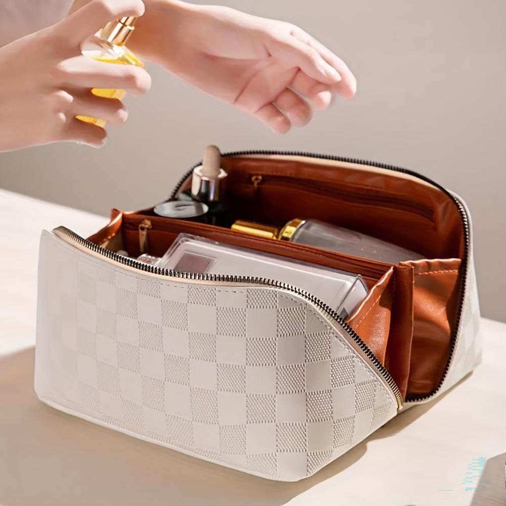 Checkered Makeup Bag, Large Capacity Cosmetic Bag with Handle, Portable Waterproof Travel Toiletry Organizer for Women - Image 12