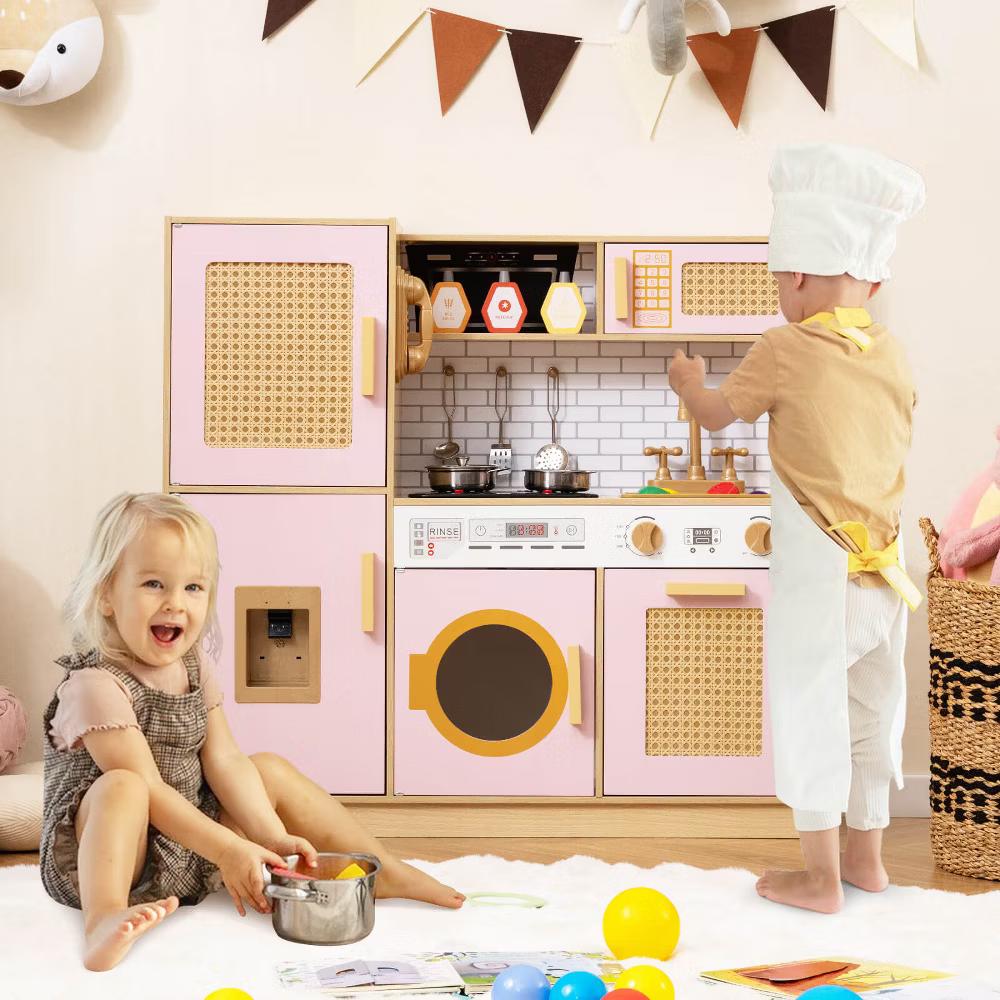 Wooden Kids Kitchen Playset Pretend Play Kitchen with Real Sounds Lights Pink/Yellow - Image 9