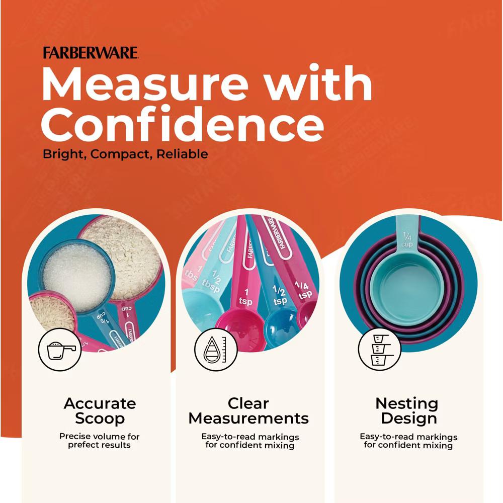 Farberware Kitchen Basics Measuring Cup & Spoon Set, 9-Piece Colorful Nesting Design with Easy-to-Read Markings - Dishwasher Safe, Plastic - Image 12