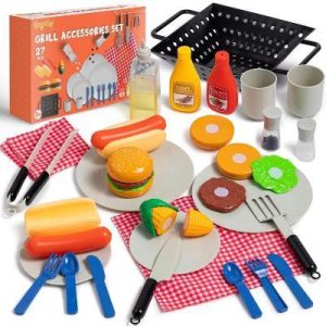 27 Pcs Kids Kitchen Toy Playset, BBQ Grill Pretend Play Food Sets, Birthday Christmas Halloween Gift for Toddlers 3 4 5 Years Old Girls Boys