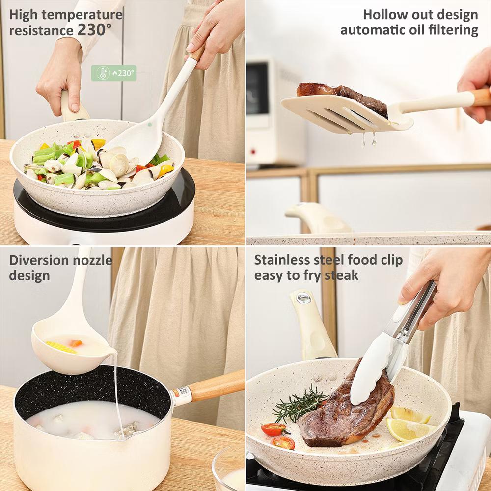 13-Piece Silicone Kitchen Utensils Set, Cooking Utensils with Wooden Handles, Heat Resistant Nonstick Gadgets with Storage Bucket - Image 6
