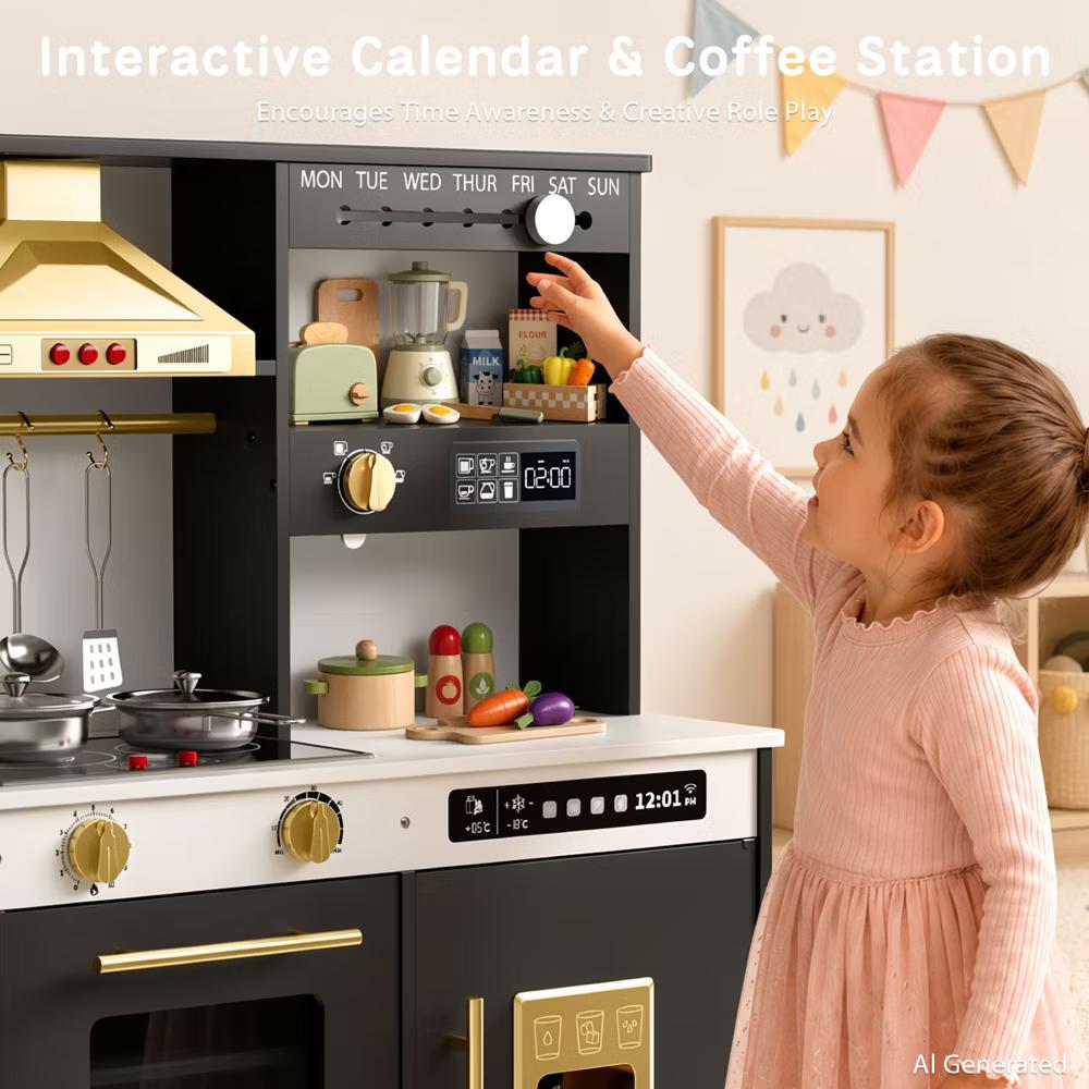 Wooden Play Kitchen for Kids with Running Water Sink, Interactive Stove, Ice Maker, Microwave, Oven & Dishwasher, Ages 3+ - Image 24