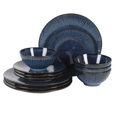 Midnight Luna Plates and Bowls Sets, 12-Piece Stoneware Dinnerware Sets, Reactive Glaze Dish Set - Blue