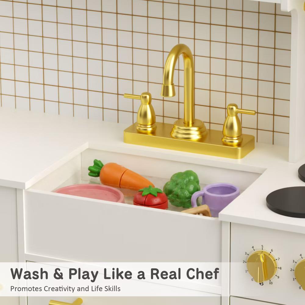 Wooden Play Kitchen with Running Water Sink, Clicking Stove Knobs, Microwave, Oven, Ice Maker & Storage, Ages 3+ - Image 3