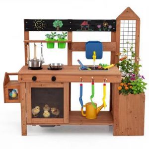 Kids Mud Kitchen with Detachable Bird Cage, Planter, Trellis, 2 Sinks, Stoves